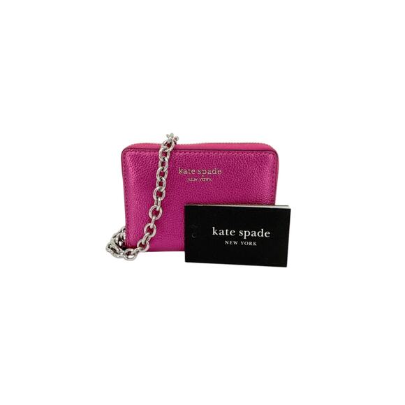 KATE SPADE Natasha Metallic Pebbled Leather Chain Compact Wristlet Bikini Pink - Picture 5 of 13
